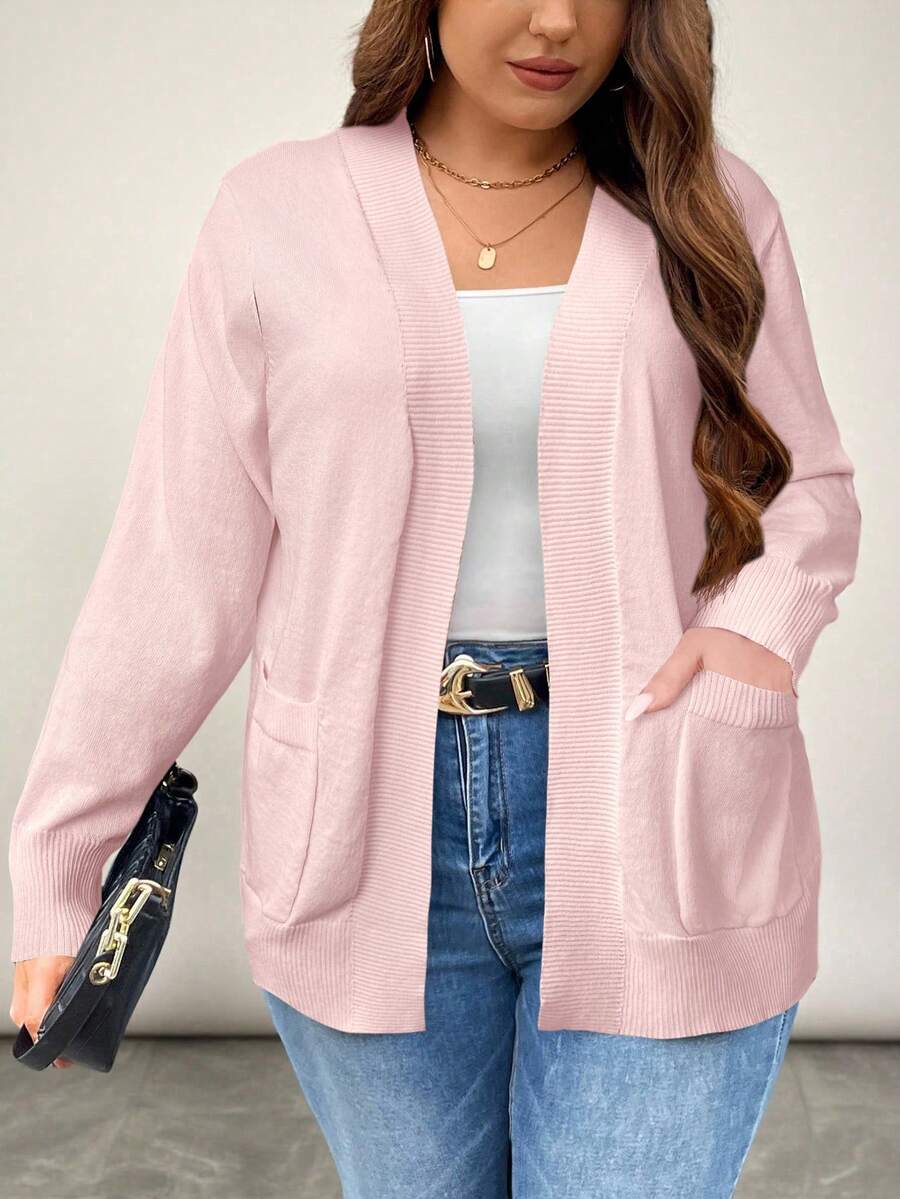 SHEIN LUNE Damen Große Größen Einfarbige Lange Ärmel Doppeltasche Lässig Strick Cardigan, Herbst