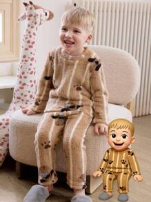 Young Boys Cute Cartoon Puppy Striped Fleece Print Long Sleeve Round Neck Pajama Sets Bear Pajamas Toddler Boy - Mocha Brown - View 1