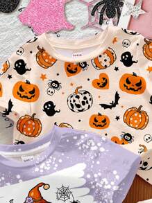 Baby Girl 3pcs Cute Halloween Set, White & Purple & Apricot Yellow Simple Round Neck Short Sleeve T-Shirts, Suitable For Street Style, Home, Party - Multicolor - View 5