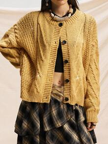 Easelle Áo cardigan dệt kim tay dài dáng suông vai thả họa tiết xoắn cáp, cài cúc đơn, kiểu dáng cao bồi đính sequin, màu vàng mù tạt, thích hợp cho nữ mùa thu đông. - Màu Mù tạt vàng - Xem 5