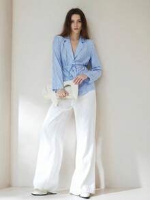 GENKIRA Linen-Like Bamboo Striped Collared Long Sleeve Shirt, Elegant European Style, Vacation Vibe - Multicolor - View 6