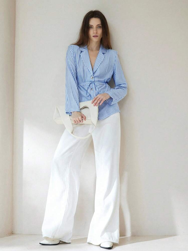 GENKIRA 麻质竹子条纹长袖衬衫，优雅欧式风情，度假气息 - 彩色 - 查看 6