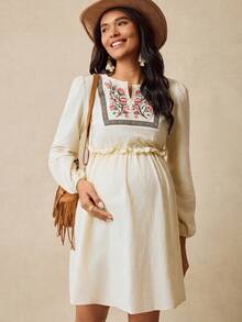Boho Mama Abito casual da maternità per vacanze, con ricamo floreale e maniche a lanterna, autunnale - Albicocca - Visualizzare 6