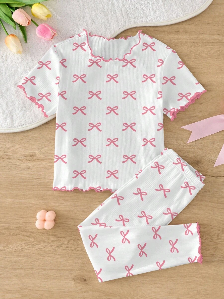 SHEIN 年轻女孩可爱卡通图案荷叶边圆领短袖针织舒适合身睡衣套装 2 件 - 彩色 - 查看 1
