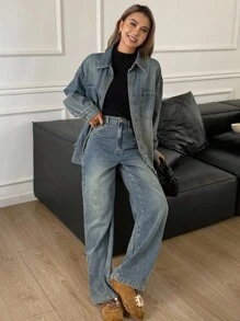 DAZY Autumn/Winter New Loose Casual Distressed Washed Women Denim Set - Blue - View 5