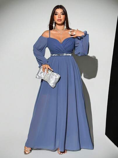 Viva Relle Vestido de fiesta/boda para invitada de talla grande, elegante, romántico, lujoso y fluido con hombros descubiertos, sin mangas, cintura ceñida, cinta brillante, mangas largas de gasa, falda larga y fluida, adecuado para primavera, otoño e invierno