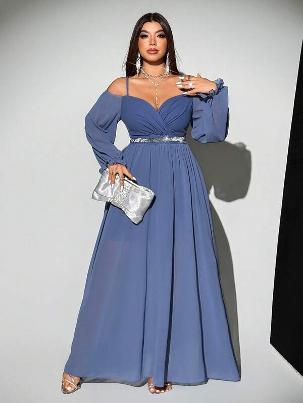 Viva Relle Vestido de fiesta/boda para invitada de talla grande, elegante, romántico, lujoso y fluido con hombros descubiertos, sin mangas, cintura ceñida, cinta brillante, mangas largas de gasa, falda larga y fluida, adecuado para primavera, otoño e invierno