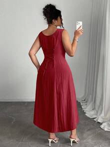 Elenzga 大码女式领结 A 字形抽绳腰部优雅连衣裙，适合生日、夏季、婚礼宾客、毕业典礼 - 酒紅色 - 查看 2