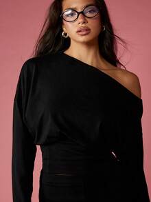 MISSGUIDED 女式露肩长袖短款上衣基本款休闲针织轻薄柔软弹力修身秋冬分层衬衫 - 黑與白 - 查看 5