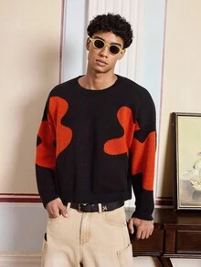 SWAVVY 标准尺寸男士提花针织长袖圆领毛衣，秋冬 - 黑色 - 查看 1