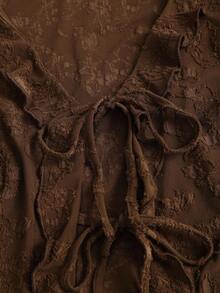 Sweetra 2025 New V-Neck Jacquard Knit Frill Trim Tie Front Long Sleeve Lightweight Jacket - Coffee Brown - View 6