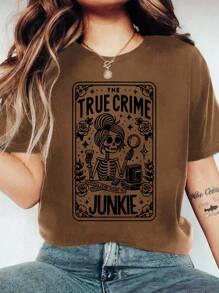 EMERY ROSE 骷髅女孩标语圆领短袖时尚大码女式T恤 - 咖啡棕 - 查看 1