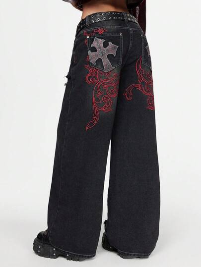 Grunge Punk Women's Halloween Cross Embroidered Wide Leg Loose Jeans