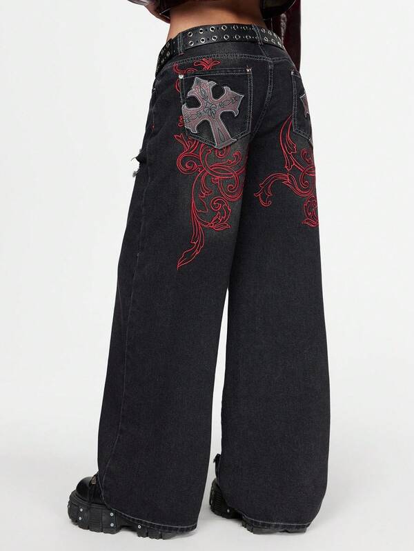 ROMWE Grunge Punk Women's Halloween Cross Embroidered Wide Leg Loose Jeans