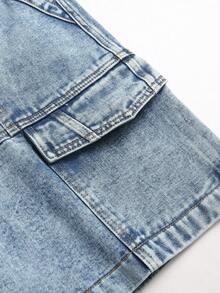 Manfinity Hypemode Pantaloni scurți din denim pentru bărbați, simpli, cu buzunare, croială lejeră, casual, pantaloni scurți cargo din denim pentru bărbați, pantaloni scurți Carpenter, spălare deschisă - Spălare ușoară - Vizualizare 7