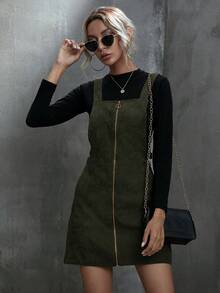LanaWest O-Ring Zip Up Corduroy Overall Dress - Army Green - View 3