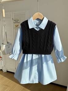 SHEIN Cute Knitted Vest & A-Line Dress 2-Piece Set For Young Girl, Stylish