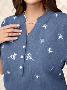 EMERY ROSE 大码短袖衬衫，夏季时尚 - 藍色 - 查看 6