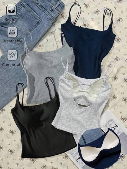 Attitoon 4pcs/Set Multicolor Cropped Tight Fit Sports Bra Camisole Top With Back Detail, Suitable For Activewear And Casual Layering, Summer