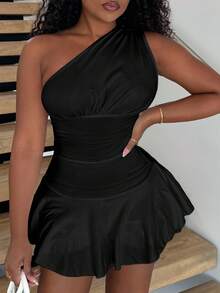 Alexandranx One Shoulder Ruffle Trimmed Women's Bodycon Romper - Black - View 3