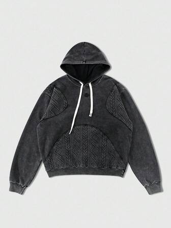 Street Life Men's Hooded Sweatshirt, American Street Style Patchwork Textured Hoodie, Fall