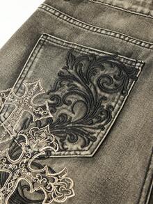 ROMWE MEN Goth 男士休闲街头风格刺绣口袋牛仔裤 - 銅色 - 查看 4