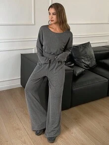 Livesso 2 pièces Ensemble t-shirt décontracté ample et pantalon pour femmes, automne/hiver