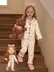 两件套可爱甜美樱桃印花长袖开衫和长裤，休闲舒适少女家居服樱桃睡衣套装，秋冬款 - 杏色 - 查看 3