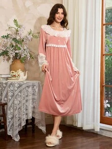 Côtesoire 女士优雅法式撞色蕾丝荷叶边睡裙家居服，秋冬款 - 粉色 - 查看 4