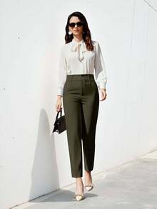 EURMUSE Pantalones de traje de unicolor y sencillo para mujer - Verde militar - Ver 3