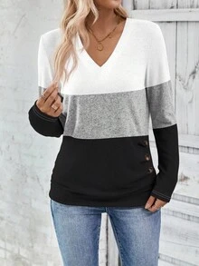 SHEIN LUNE Áo thun nữ dài tay cổ chữ V phối màu, có cúc trang trí, kiểu dáng thường ngày, thích hợp cho mùa xuân và thu. - Nhiều màu - Xem 3