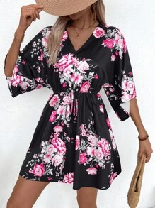 Breezaya Women's Simple Daily V-Neck Random Printed Dress Vacation Beach Outfit - Black - View 4