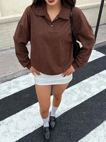 INAWLY Moletom Feminino de Cor Sólida, Estilo Minimalista, Casual, Gola Virada, Manga Longa - Castanho - Visão 3