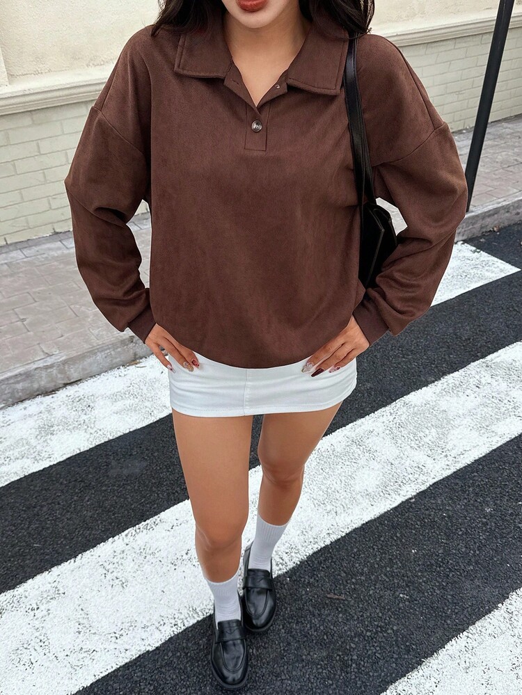 女式纯色简约休闲翻领长袖运动衫 - 棕色 - 查看 3