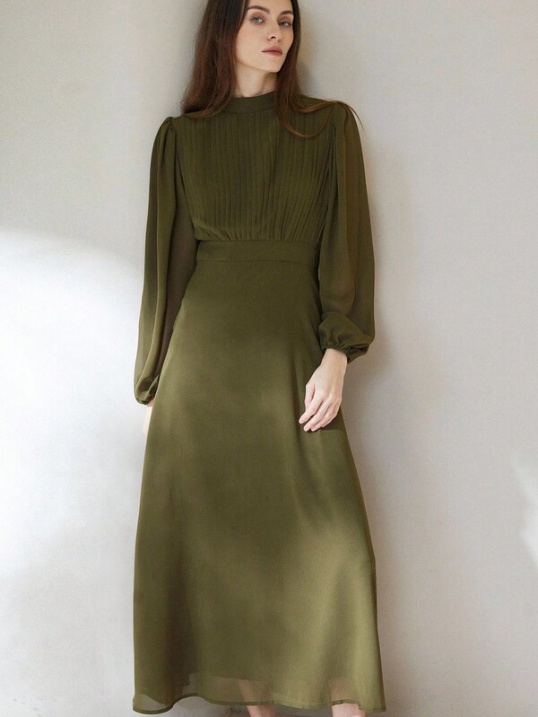 Aveloria Modichic Elegant Chiffon Pleated Front Waist Cinched Long Sleeve Dress, Versatile For Commuting