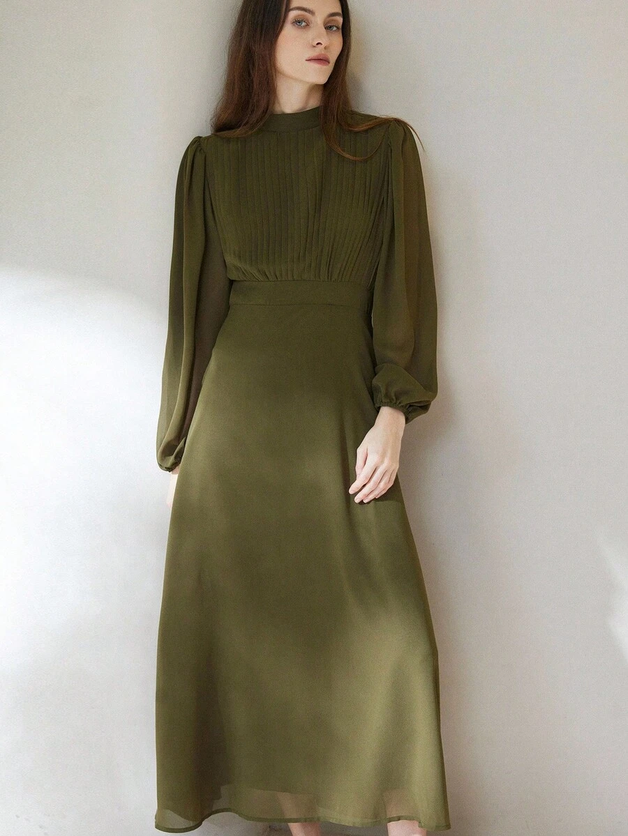 Aveloria Modichic Elegant French Chiffon Pleated Front Waist Cinched Long Sleeve Dress, Versatile For Commuting Office Dinner Olive Green Autumn - Olive Green - View 1