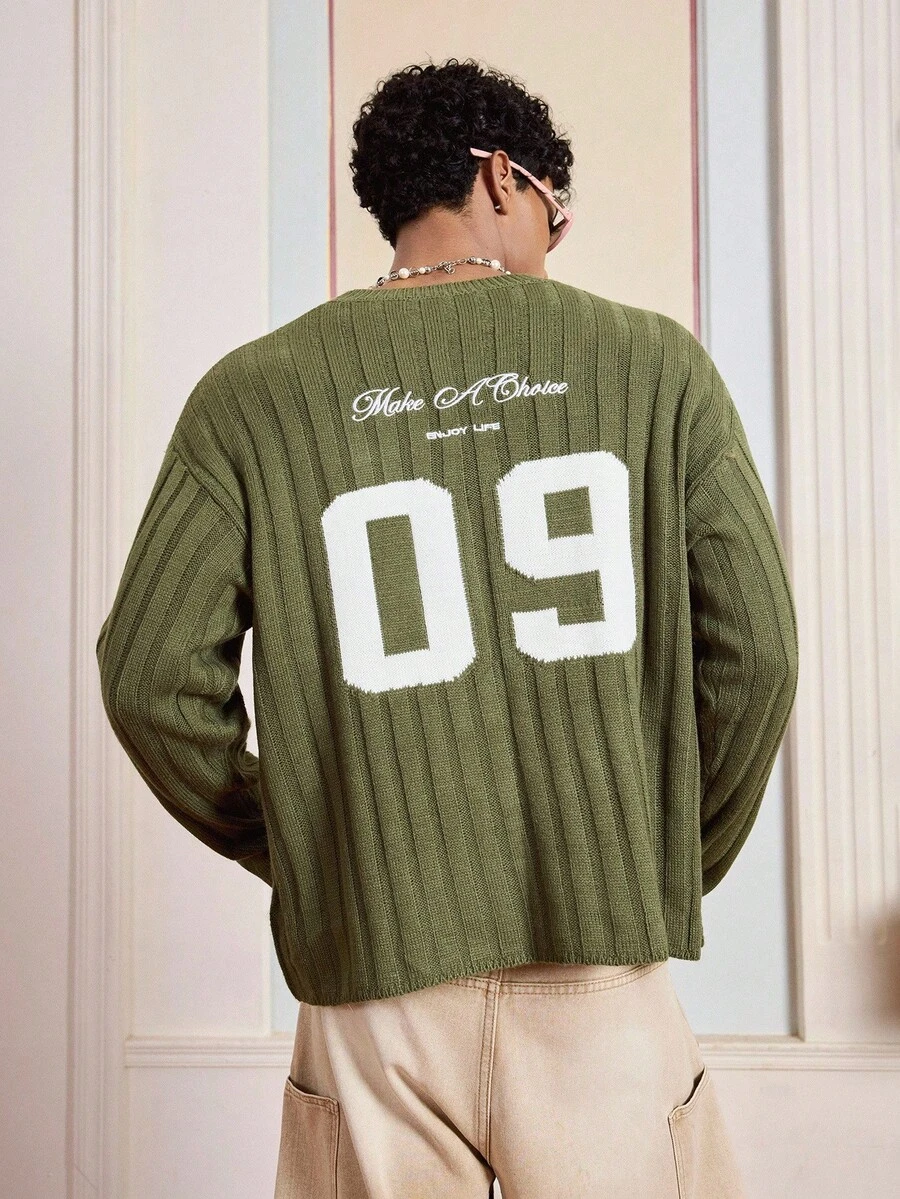 SWAVVY 男士长袖字母数字图案休闲毛衣，秋冬 - 軍綠色 - 查看 1