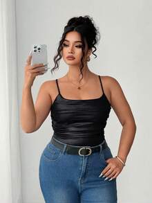 Flirla 大码女式性感简约高弹力 PU 皮革吊带背心，安哥拉红，性感细肩带背心 - 黑色 - 查看 4