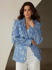 Zanirela 优雅浪漫 3D 花卉装饰女士长袖开衫夹克，带口袋和纽扣 - 藍色 - 查看 5