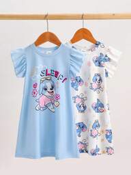 2pcs Baby Girls Casual Cartoon Puppy Print Ruffle Sleeve Homewear Set, Suitable For Indoor And Outdoor Wear, Summer Baby Girl Pajamas Dog Pajamas Girls Baby Girl Pajamas Girls Pajamas Blue And White Pajamas