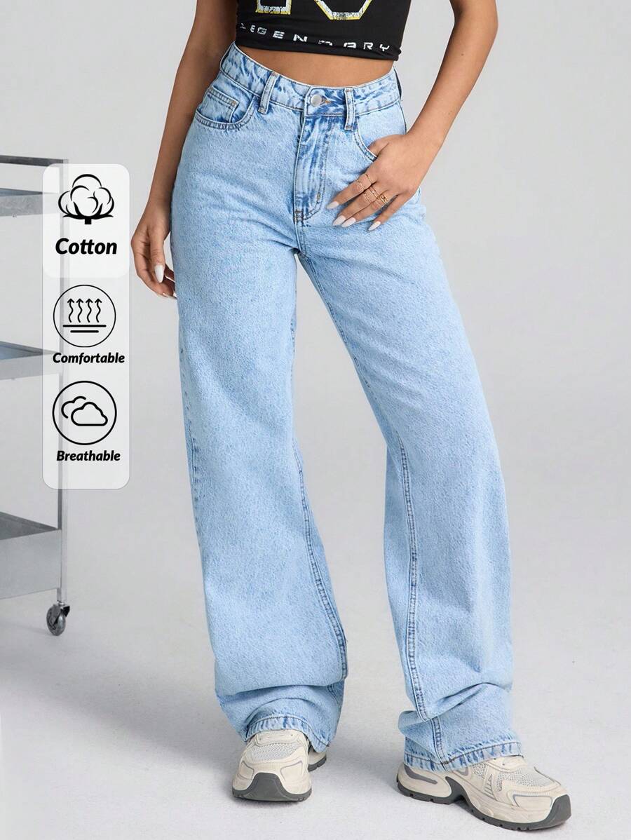 EURMUSE HIGH WAIST Straight Leg Jeans Snow Wash Women S Clothes Woman S Summer Clothes Women S Bottoms Wide Leg Jeans - Medium Wash - View 1