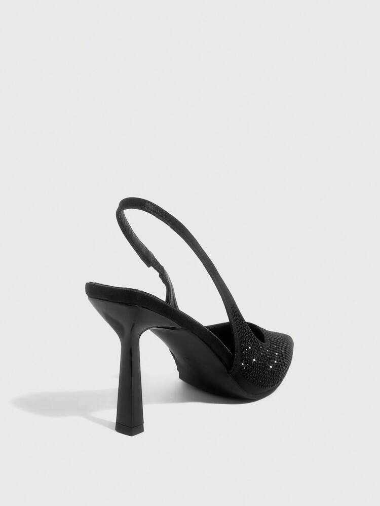 CUCCOO SZL Black Pointed Toe High Heel Shoes, Rhinestone Embellished Sexy Party Pumps With Ankle Strap For Women For Christmas Spring Shoes