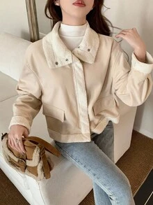 SHEIN Teen Girls Winter Jacket, Girl Loose Zip-Up Lined Casual Jacket, Autumn/Winter Streetwear - Beige - View 3