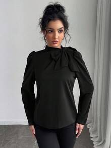 SHEIN Raffinéa 女士纯色优雅百搭系带领泡泡袖衬衫 - 黑色 - 查看 7