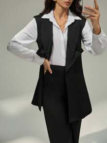 Modelyn 女士黑色无袖垫肩时尚西装外套和高腰阔腿裤套装 - 黑色 - 查看 4