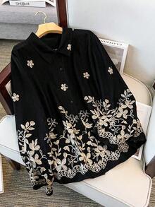 SHEIN Clasi 大码女式花卉刺绣衬衫，法式浪漫优雅高端休闲装 - 黑色 - 查看 3