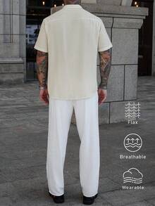 Manfinity CasualCool 2pcs Linen Striped Collar Short Sleeve Shirt Set - Multicolor - View 2