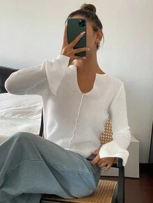 DAZY Áo len dệt kim dáng ôm tay dài xẻ tà màu trơn cho nữ, mùa thu/đông - trắng - Xem 1