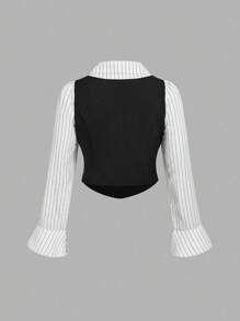 SHEIN MOD Plus Size Black And White Contrast Stripe 2-In-1 Shirt,Autumn Elegant Office Wear Business Attire,Patchwork Turndown Collar Flared Sleeve Tops,Vintage - Black and White - View 3