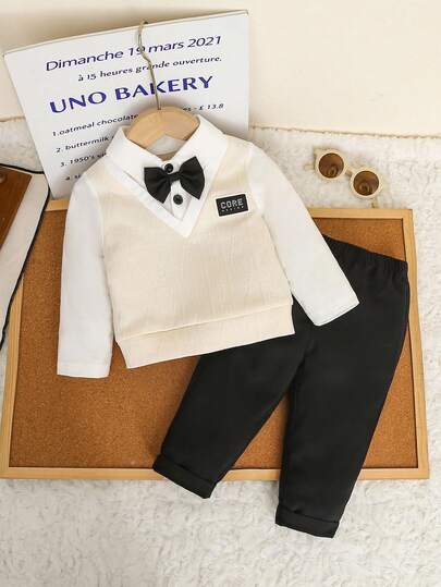 SHEIN 2 件套男婴可爱学院风绅士风二合一拼色针织长袖 Polo 衫，带蝴蝶结 + 休闲纯色松紧腰裤套装，适合春秋季、生日派对、婚礼、洗礼、1 岁生日、日常穿着